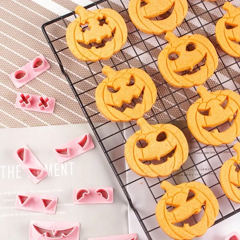 Pumpkin Shape Cookie Cutter, Halloween Plastic Embossing Mold, Various Face Expressions Pumpkin Biscuit Stamp, Cake Decoration Tool
