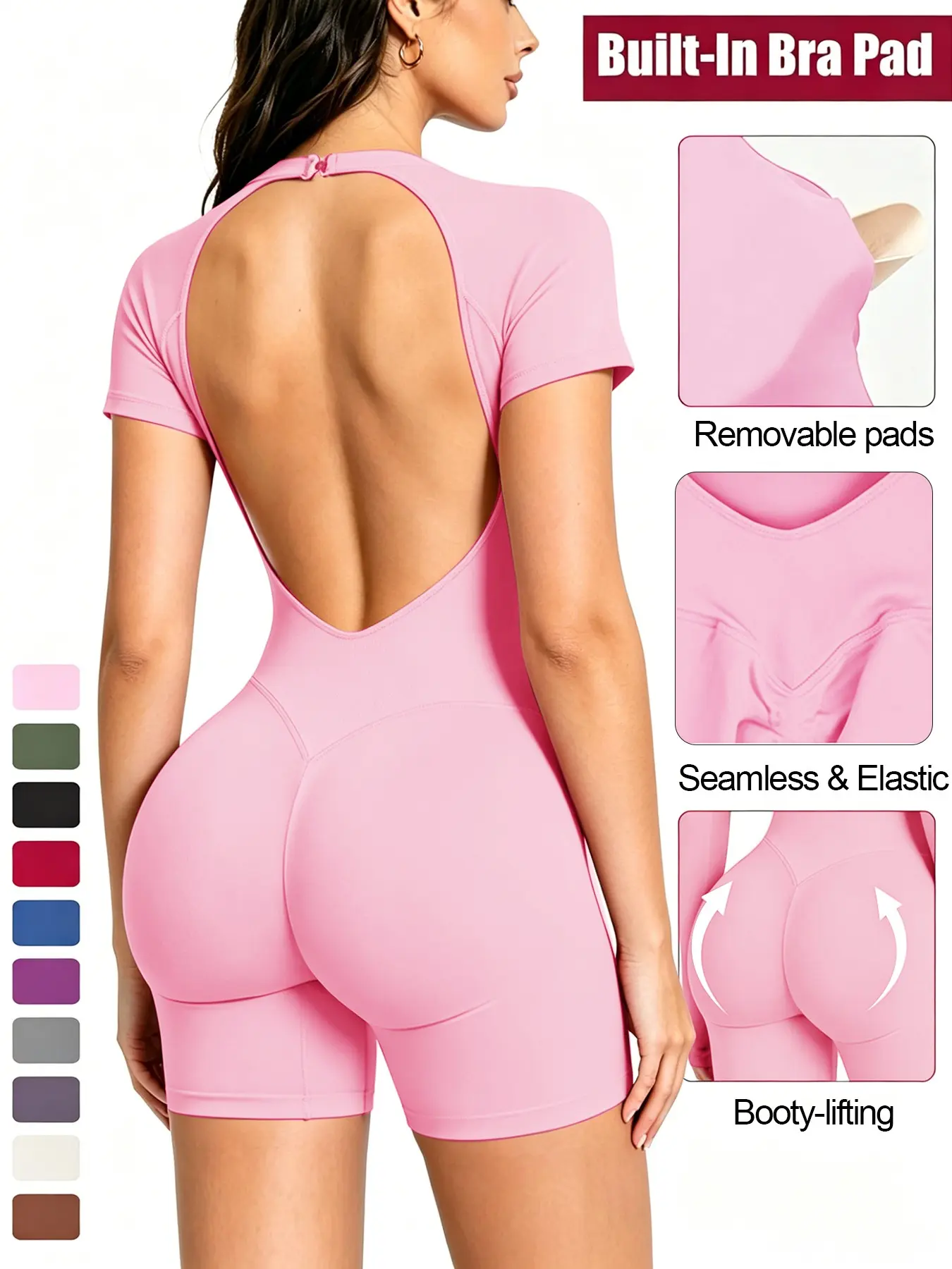 One-Piece Romper Jumpsuit for Women –Backless Built in Removable Sports Pad Short Sleeve Romper, Back Clasp Breathable Bodysuit, Sexy Slim Fit Butt-Lifting One-Piece Outfit, Workout Rompers, Suitable For Sports, Gym Training, Dance And Outdoor Outfits
