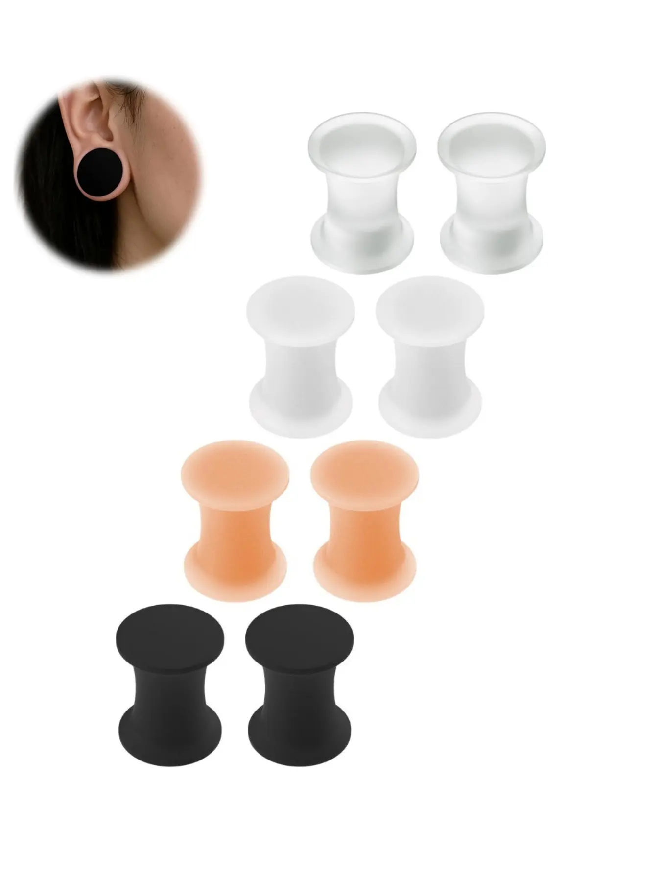 Silicone Gauges For Ears - Flexible Silicone Gauge Ear Plugs Expander Stretchers Double-Flared Flesh Lobe Piercing Jewelry For Men Women 6mm (8pcs Plug Set) Clear Opaque, White, Skin, Black