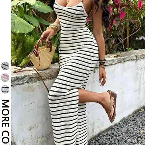 1 Piece Wooden Bead Accent Adjustable Shoulder Straps U Neck Big Open Back Side Split Slim Striped Aesthetic Chic Casual Boho Beach Sundress Casual Style Summer Vacation Long Dress