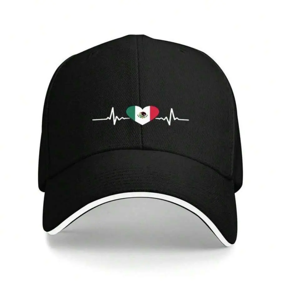 1pc Mexican Flag Heart With Pulse Line Printed Baseball Cap - Lightweight National Pride, Mexican Tricolor Colors (//), Machine-Washable For Casual Wear, Fitness & Outdoor Sports Suitable For Mexican Events