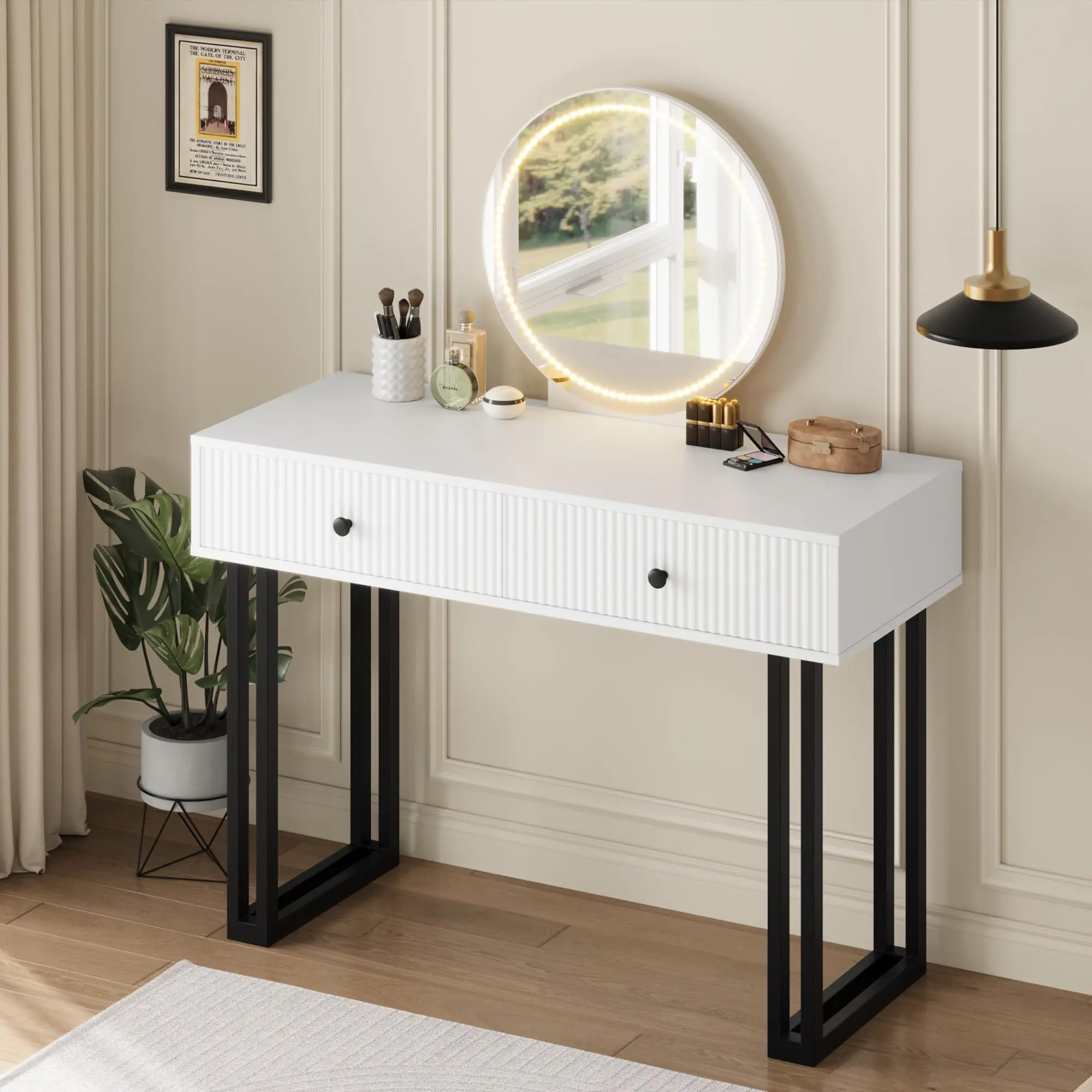 GARVEEVanity Desk with Mirror and Lights: Versatile Makeup Vanity with 2 Drawers, Available in Large 40 White and Small Modern Black Designs, Featuring Adjustable 3 Color Lights for Bedroom Elegance