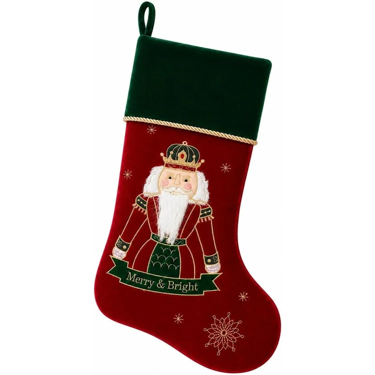 20" Nutcracker Christmas Stocking, Rustic Antique Vintage Figurine Style Home Decor, Merry & Bright Red Green Holiday Mantel Decoration