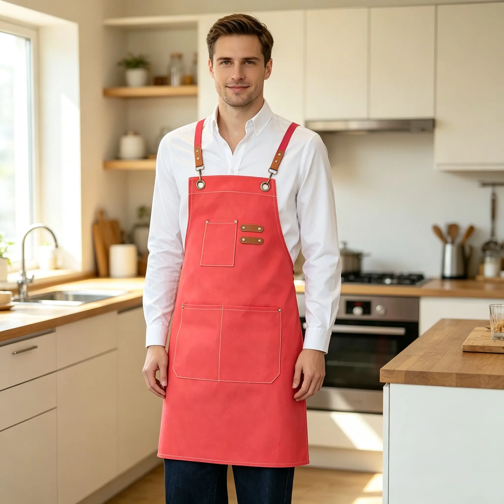 Canvas Cross Back Kitchen Apron, Cooking Apron with Multi Pockets, Casual Style for Men and Women, All Seasons Use