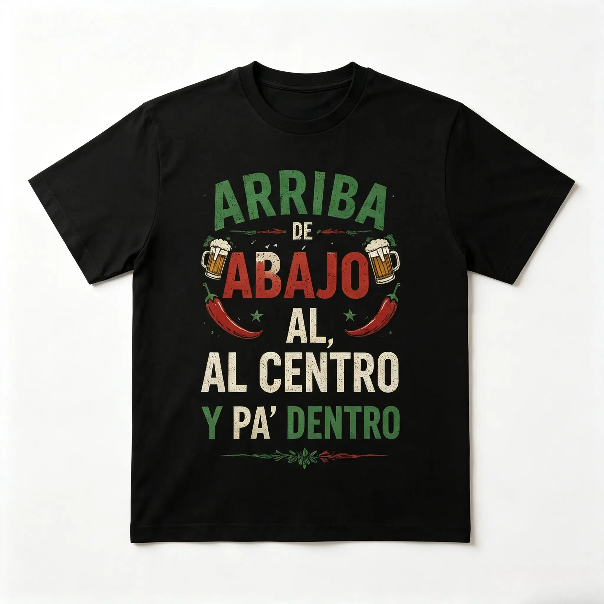 Arriba De Abajo Al Centro Y Pa' Dentro Beer Mug Red Chili Pepper Vintage Distressed Graphic T-Shirt, Mexican Traditional Drinking Toast Party Independence Day Fiesta BBQ Short Sleeve Tee