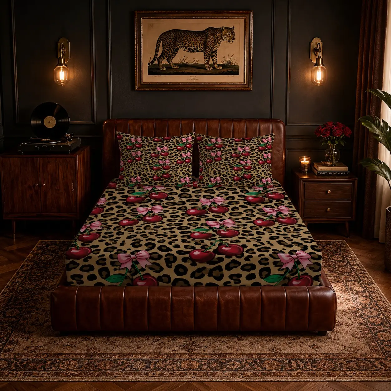 3 Pieces Leopard Cherry Pink Bow Fitted Sheet Set (1 Fitted Sheet + 2 Pillowcases, No Inserts Included), Coquette Y2K Retro Style Leopard Mattress Cover, Soft Microfiber Bedding, Leopard Print Bedding, Home Decor, Ideal Gift for Teen Girls and Women