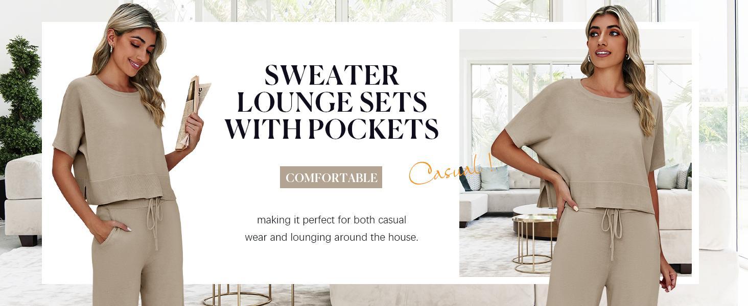 Goranbon Womens 2 Piece Outfits Sweater Sets Knit Split Crop Tops High Waisted Pants Lounge Set Goranbon Womens 2 Piece Outfits Sweater Sets Knit Split Crop Tops High Waisted Pants Lounge Set