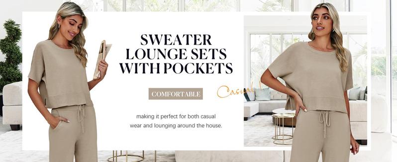 Goranbon Womens 2 Piece Outfits Sweater Sets Knit Split Crop Tops High Waisted Pants Lounge Set