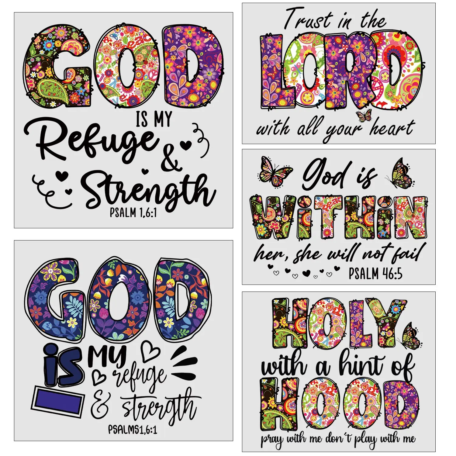 5 Large Colorful God Letter Design Stickers, DIY Clothes Heat Transfer Vinyl, Printable Clothing Iron-On Transfers, Fashionable Print Patterns Lord Iron-On Transfers, Jesus Inspirational Christian Quote Design for DIY T-Shirts, Craft Supplies