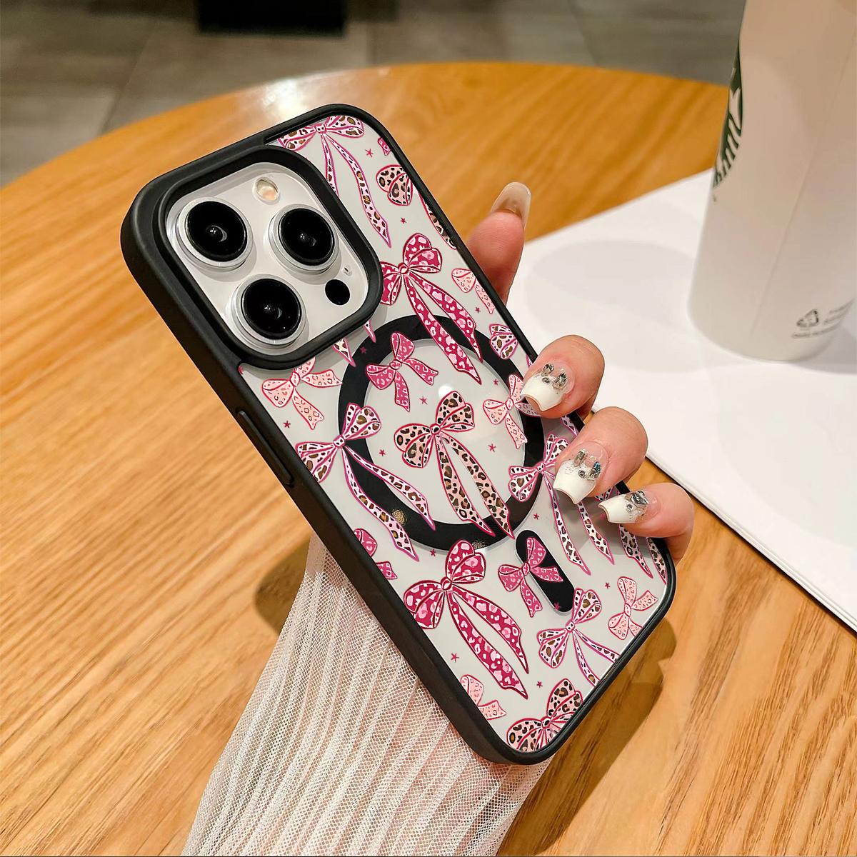 Leopard Bow Pattern Clear Magnetic Phone Case, Compatible with MagSafe Silicone Bumper Protective Cover For iPhone X 11 12 13 14 15 16 17 Pro Max Plus