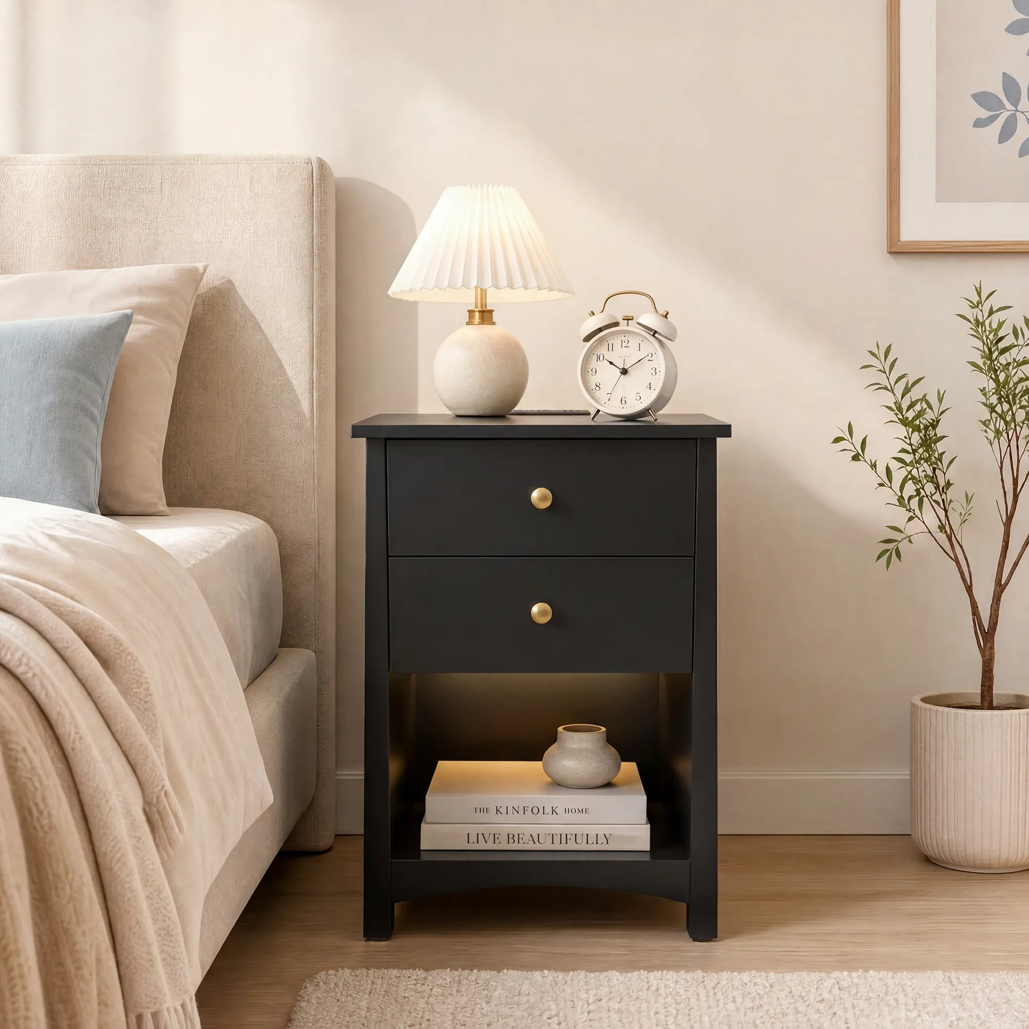 Nightstand with Power Outlets | Open Storage & LED Light Strip,Modern Mid Century Bed Side End Table with 2 Drawer,Side Bed Table,Charging Station,Dorm room