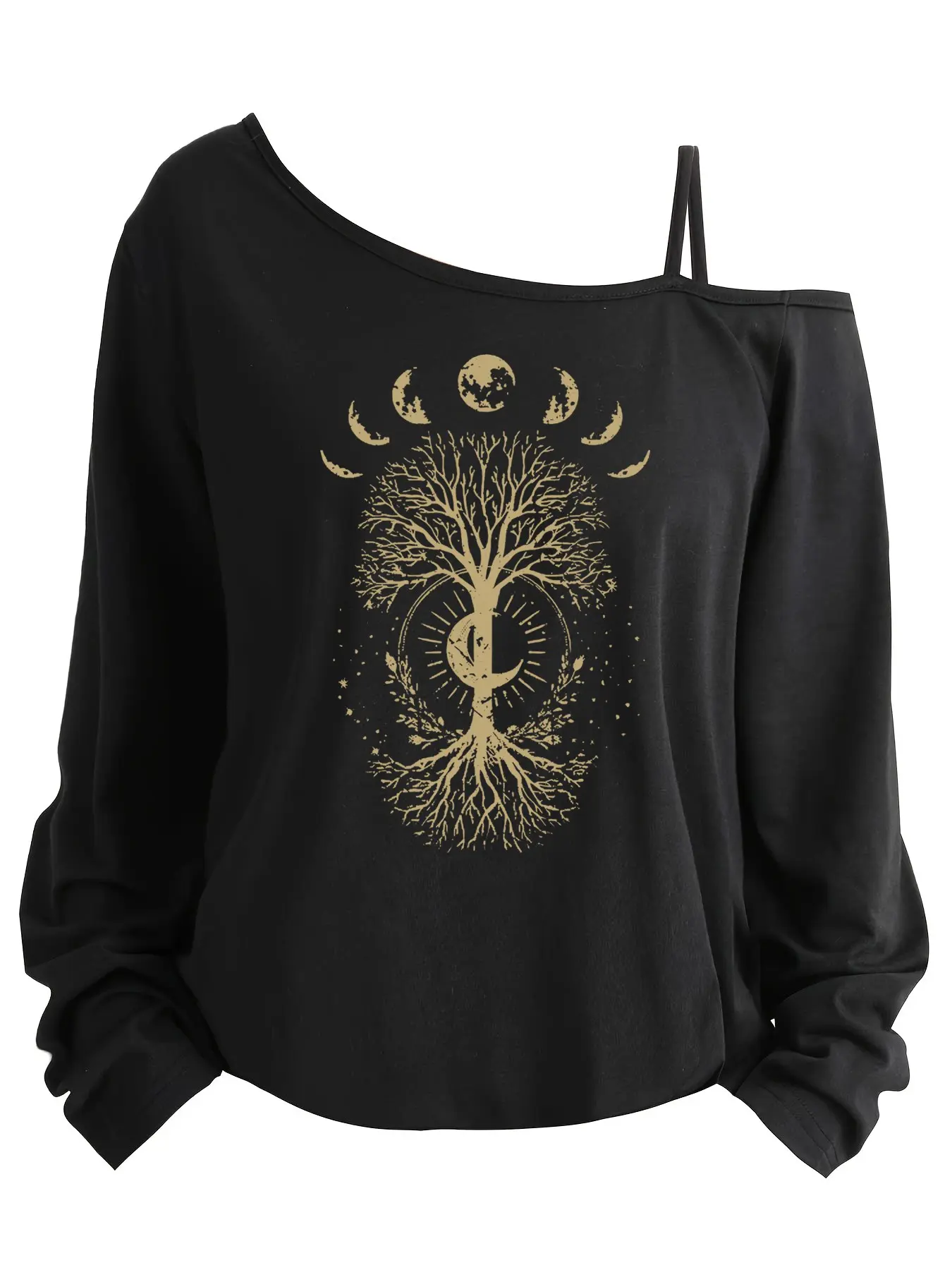 Women's Fashion Aesthetic Off-Shoulder Long Sleeve T-Shirt, Life Tree Print, Asymmetrical Strap Design, Casual Loose Fit, All Seasons