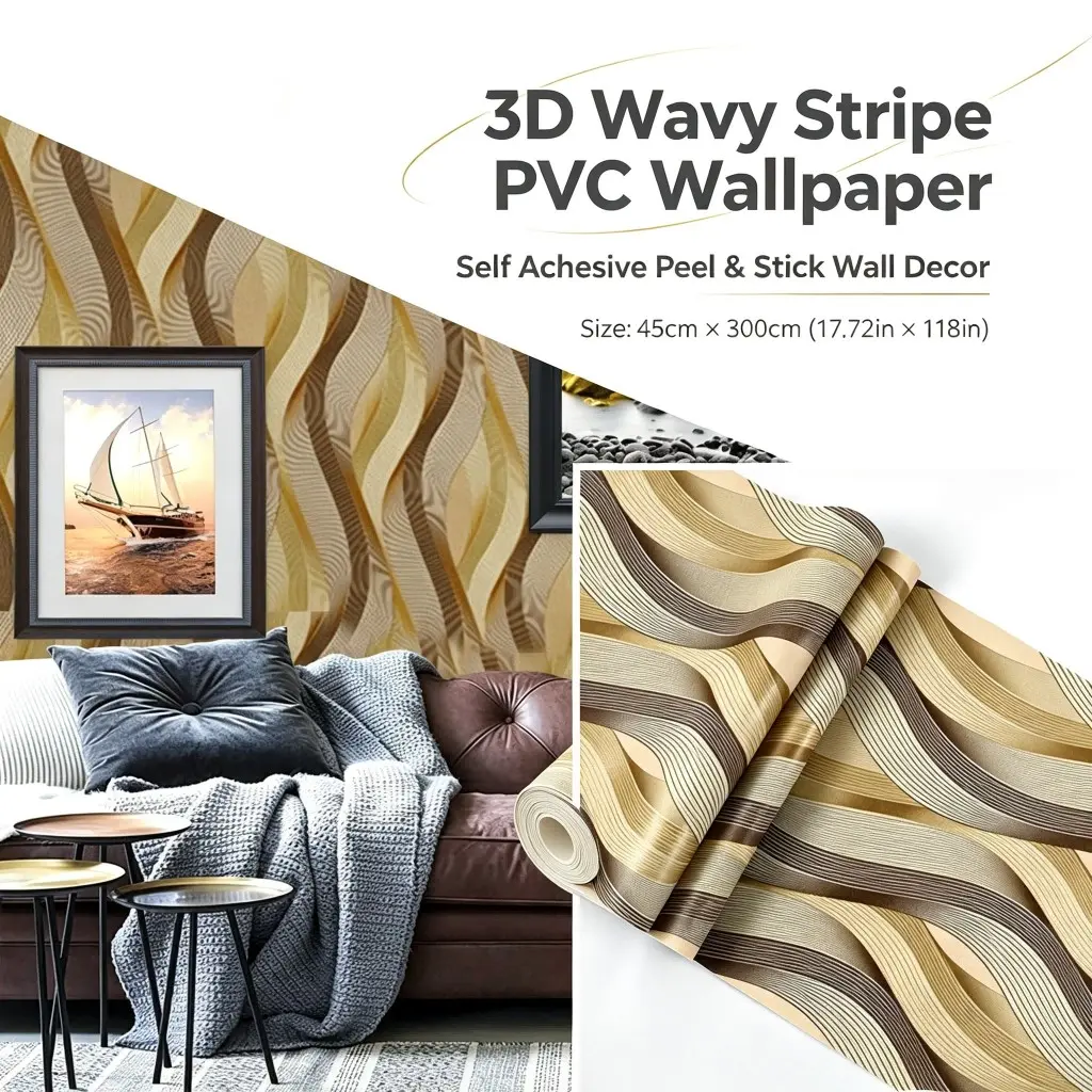 1 Roll 3D S-Stripe PVC Self Adhesive Wallpaper, Luxury Curved Wave Peel and Stick Wall Sticker, Waterproof Removable Wall Covering for Living Room TV Background, Home Wall Renovation Decor