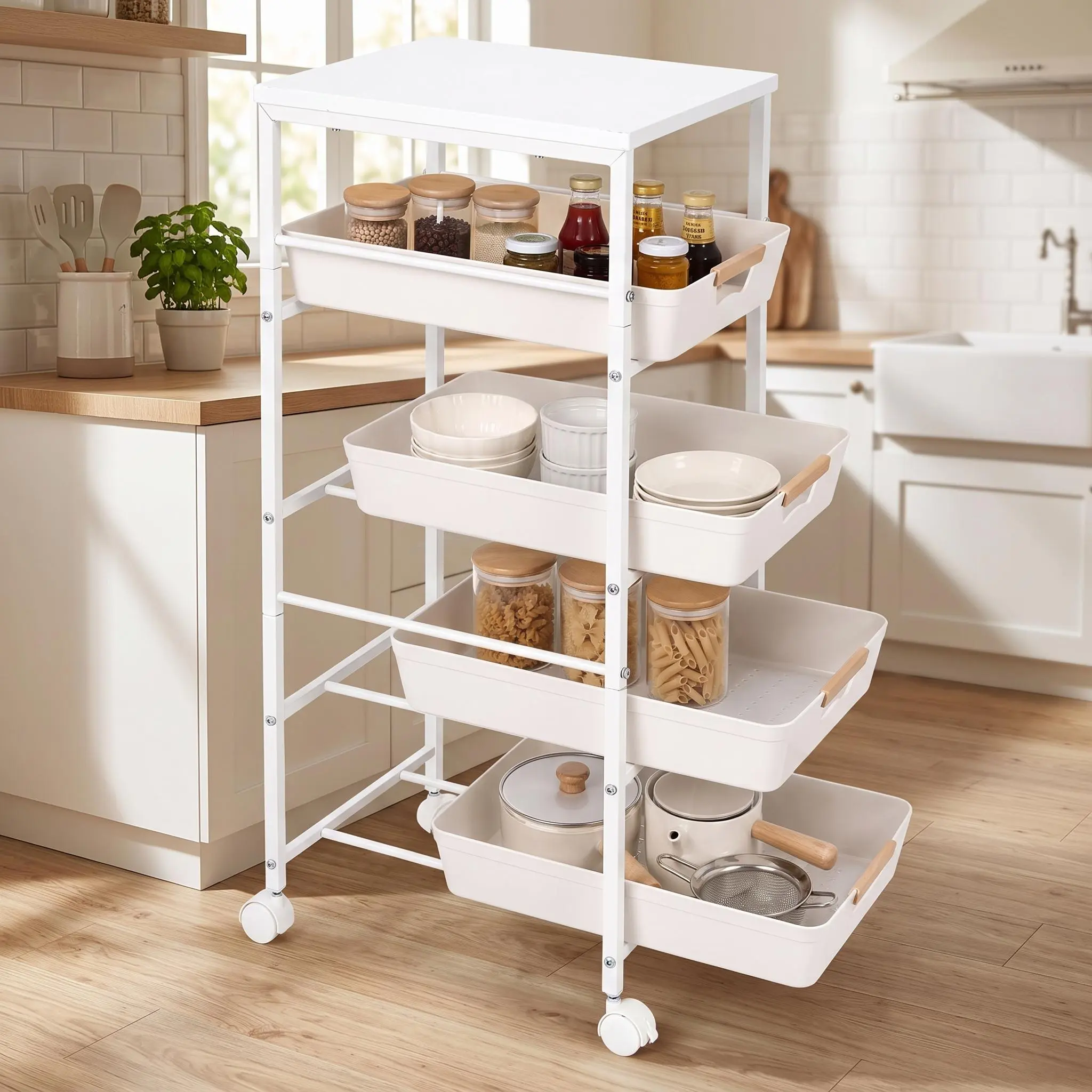 Slim 5 Tier Rolling Utility Cart with Wooden Tabletop, Space Saving Mobile Storage Organizer with Pull Out Baskets & Rolling Casters, Multi-scene Trolley for Kitchen Bathroom Pantry Laundry Room