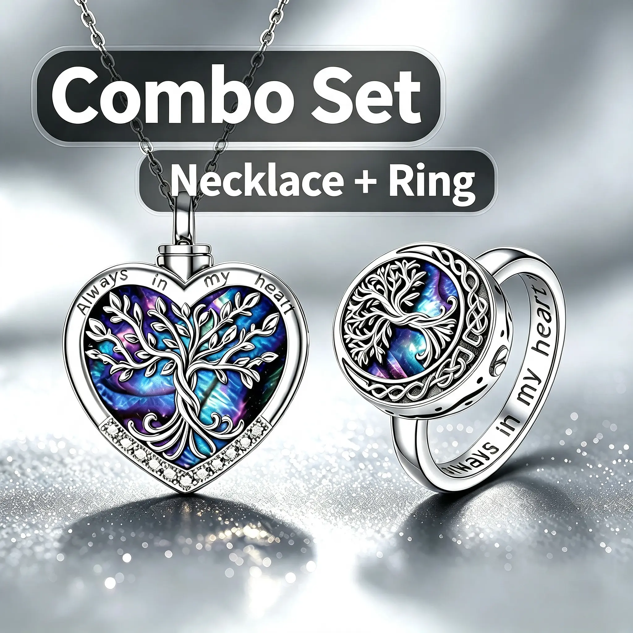 Two-piece Tree of Life Ashes Jewelry Set Celtic Knot Genealogy Souvenir Jewelry,Heart Cremation Necklace & Matching Ring Combo, Unique Design