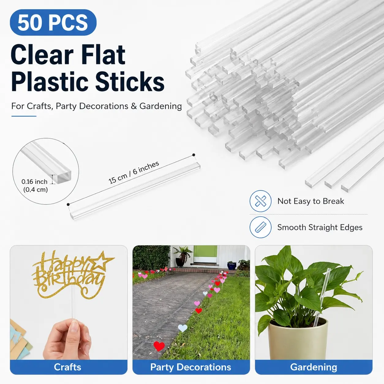50pcs 6-Inch Transparent Acrylic Sticks, DIY Craft Supplies, Party Decor, Garden Fixtures, School Crafts, Creative Art Making