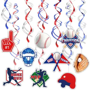 Baseball  Swirl Decorations, 18 count Ceiling Streamers Set with Pre-Assembled Hooks and Red White Blue  Theme Cutouts for Party or Event Setup
