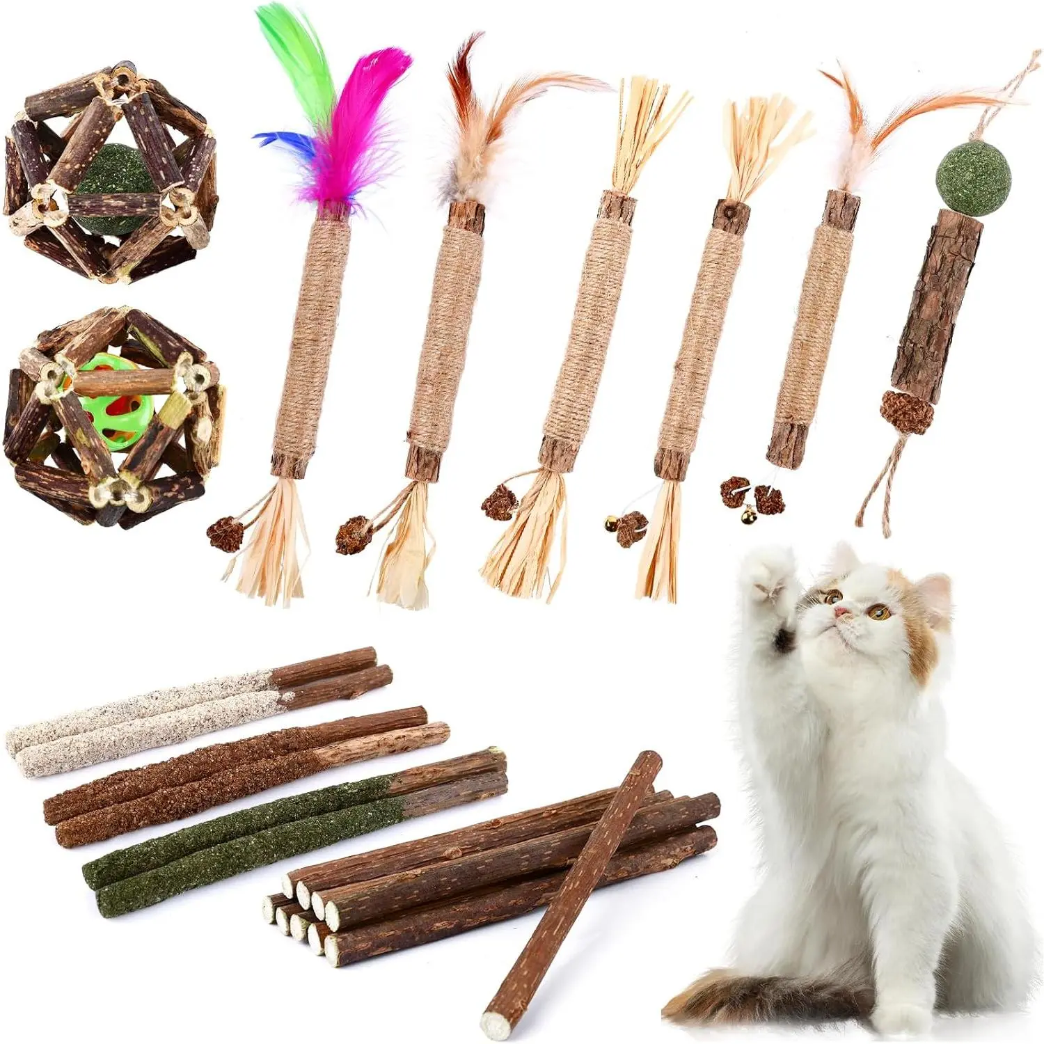 24 Pack Catnip Cat Toys with Silvervine Sticks, Interactive Catnip Cage Balls and Bell Balls, Natural Chew Toys for Indoor Cats and Kittens