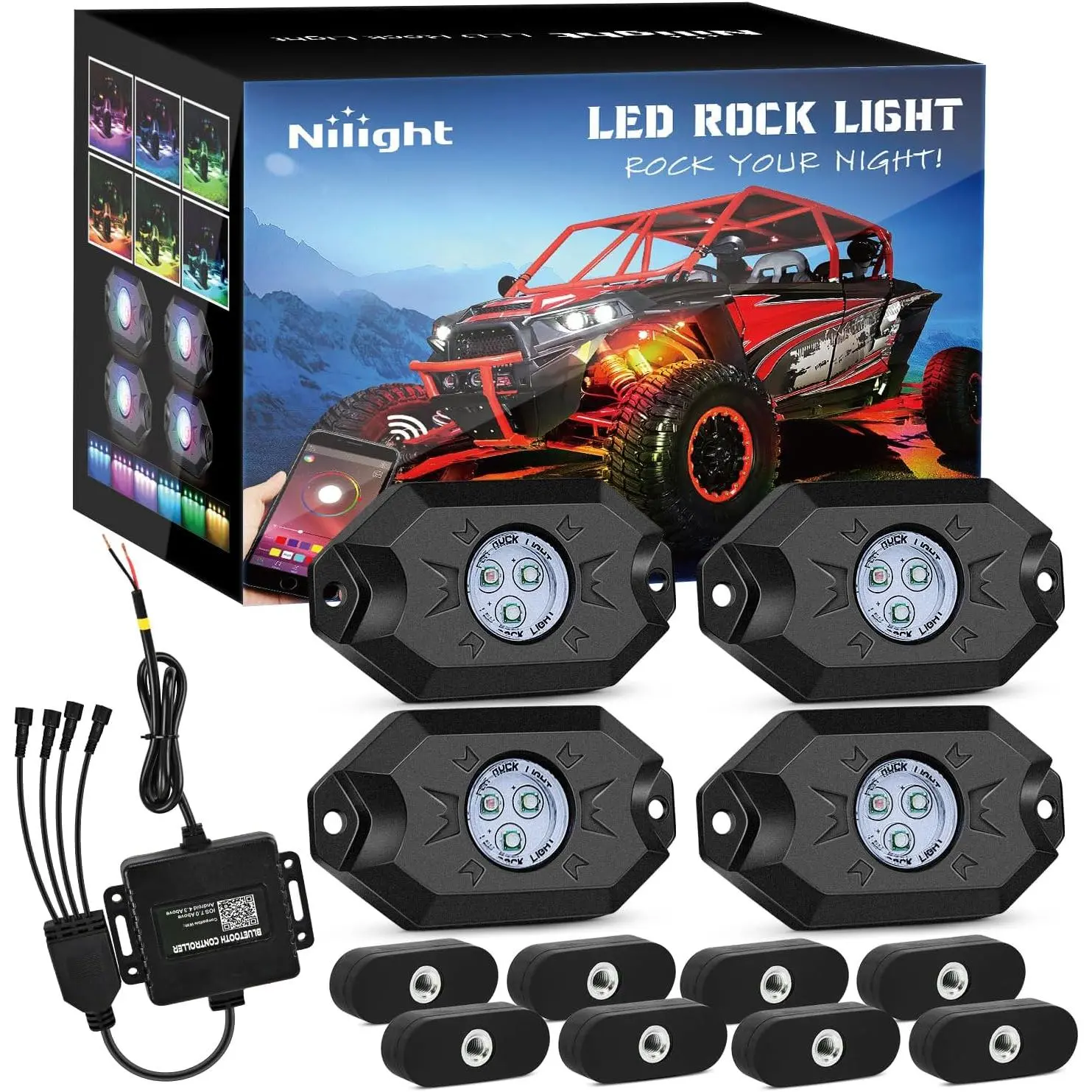 Nilight RGB LED Rock Lights Kit 4 PCS Underglow Multicolor Neon Light Pod with Magnetic Base Bluetooth App Control Flashing Music Mode IP68 Wheel Well Light for Truck ATV UTV RZR SUV