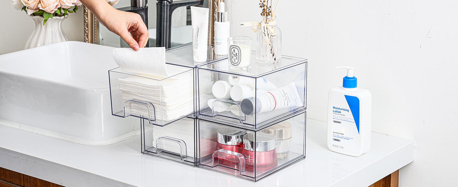 ZY 4 Pack Clear Small Stackable Storage Drawers,Acrylic Bathroom Makeup Organizer,Plastic Storage Bins For Vanity, Undersink, Kitchen Cabinets, Pantry, Home Organization Box Boxes Container Silicone Decoration Laundry Transparent