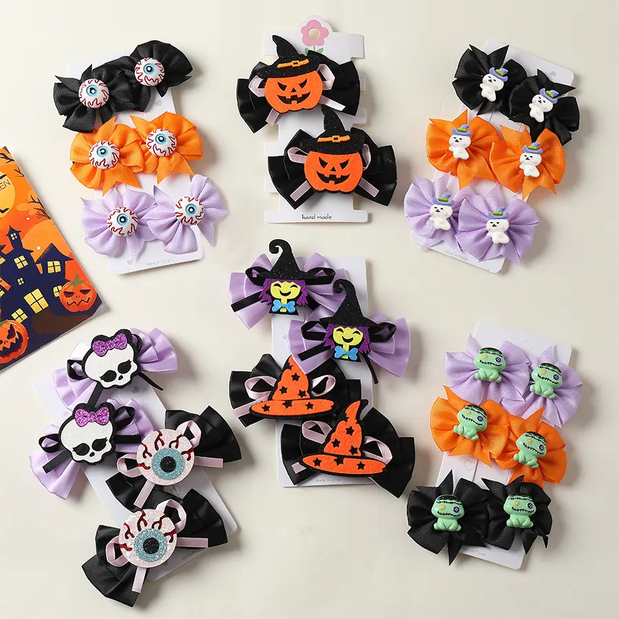 Halloween Bow Hair Clips, Cute Handmade Ribbon Bow Barrettes with Pumpkin, Ghost, Eyeball, Skull, Witch Character Decor, Festival Cosplay Hair Accessories for Party Photo Props