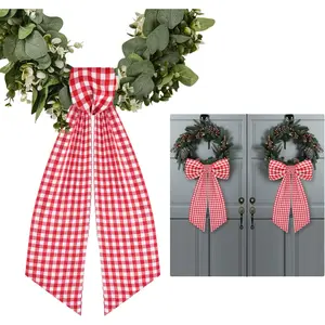 2 Pack Front Door Wreath Sash Boxwood Wreath Garland Porch Decor White and Red Plaid