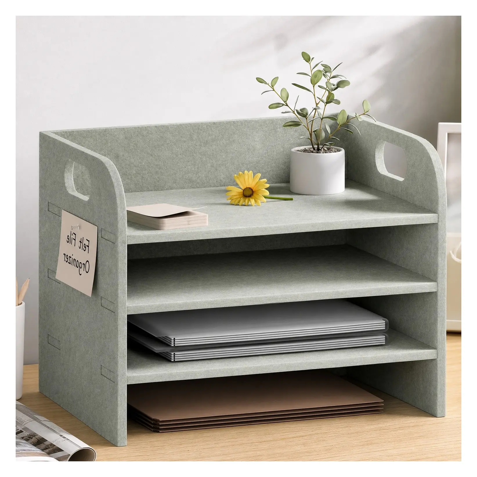 4-Tier Felt File Organizer with Carry Handles, Sage | Portable Desk Paper Sorter for Documents and Folders, Easy Assembly Storage for Offices and ClassroomsGift