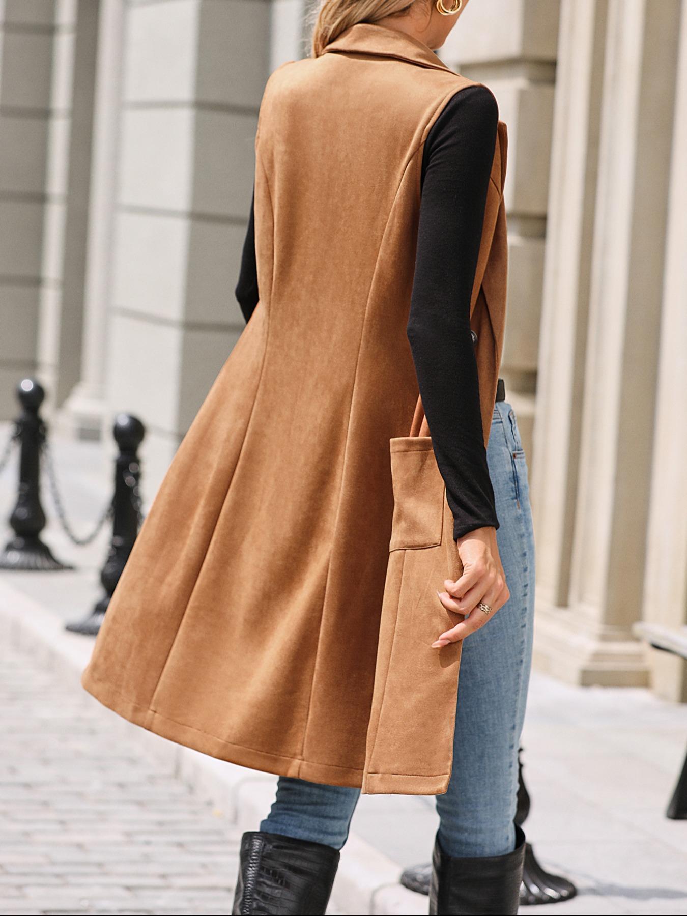 Women's Solid Button Decor Lapel Neck Suede Vest Blazer, Casual Sleeveless Pocket Open Front Longline Outerwear for Spring & Fall, Ladies' Clothes for Daily Wear