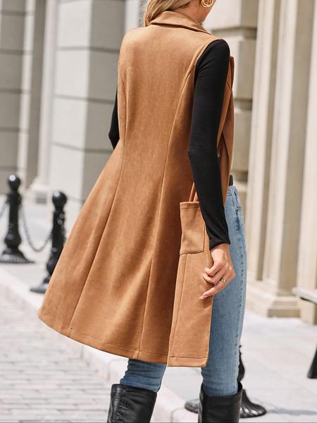 Women's Solid Button Decor Lapel Neck Suede Vest Blazer, Casual Sleeveless Pocket Open Front Longline Outerwear for Spring & Fall, Ladies' Clothes for Daily Wear