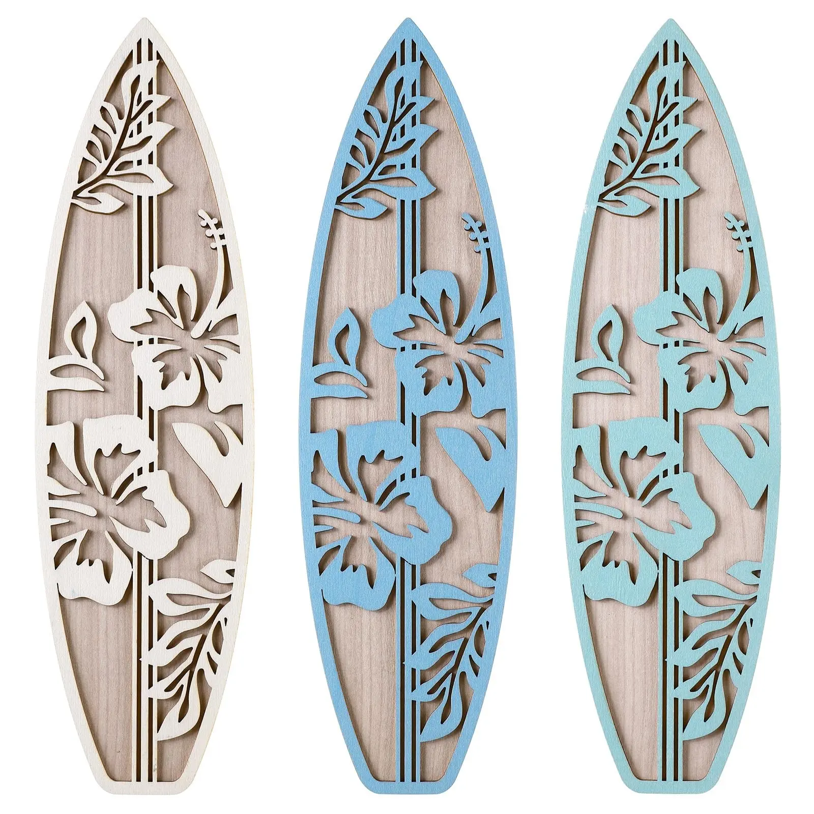 3 Pack Hibiscus Surfboard Wooden Wall Decor, Tropical Floral Printed Solid Wood Surfboard Signs, Hawaiian Coastal Beach Themed Wooden Wall Hanging For Home Patio Tiki Bar Summer Decor Gift Interior Wall Decor