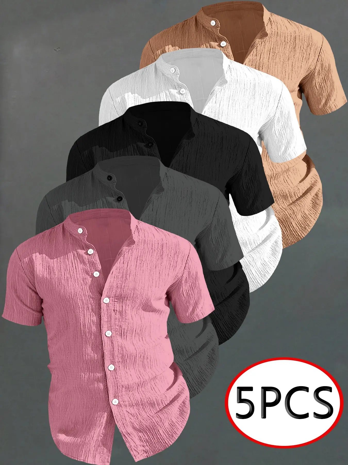 5 Piece Set Men's Fashion Solid Short Sleeve Stand Collar Shirt, Collared Fitted Shirt, Breathable Comfort Fabric, Button Design, Casual Multi-Use Clothing