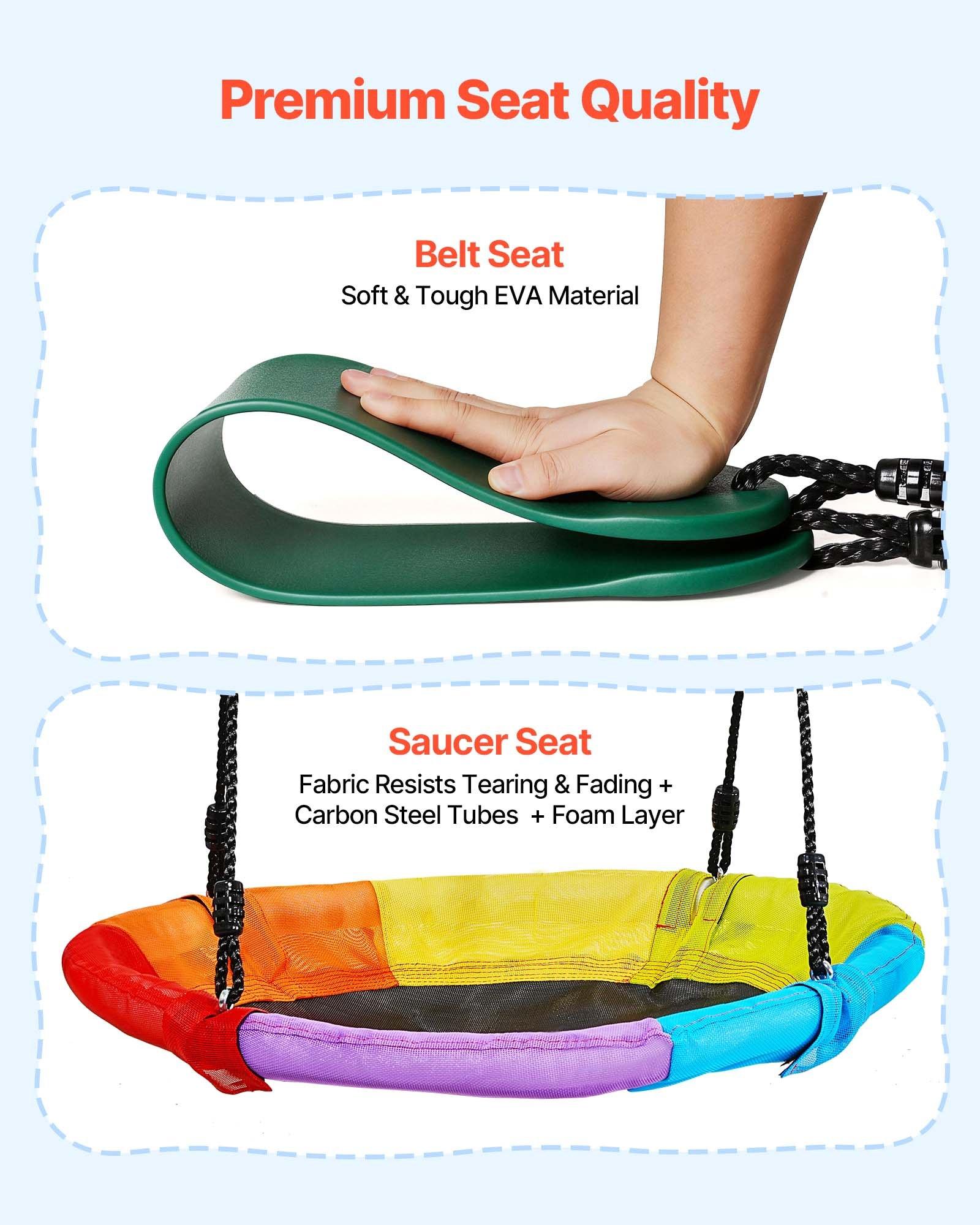 【Summerfinds】VEVOR Unisex Carbon Steel Backyard Playground Equipment, 32-in Adjustable Saucer & Belt Seats, Heavy-Duty A-Frame Stand, 440-lbs Load Capacity, Spiral Ground Anchor Reinforcement, Sturdy Swinging Outdoor Gear for Long-Term Use