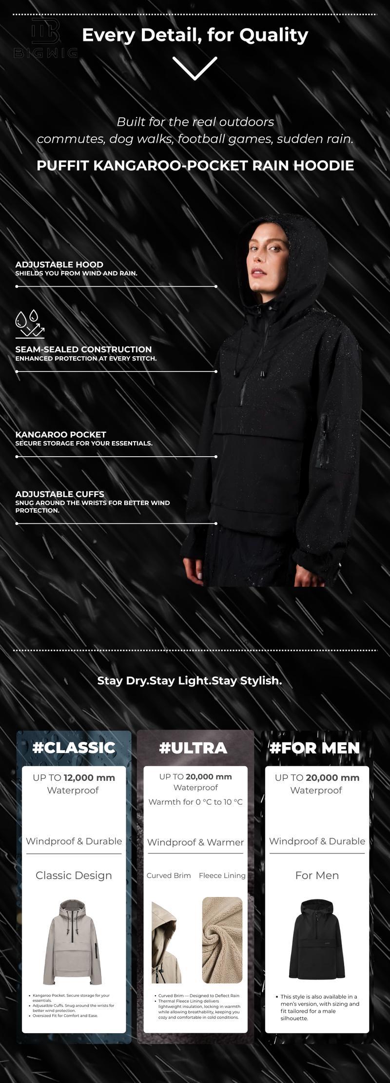 【Restocked】BIGWIG STM-TEX Waterproof Oversized Fall Hoodie Coat Warm Half Zip Rain Jacket with Adjustable Waist, Hood & Cuffs, Jacket Outerwear with Large Kangaroo Pocket for All Seasons Daily Wear #FallFreshness,Shell Jacket,Ski Jacket,Plus Size Fit