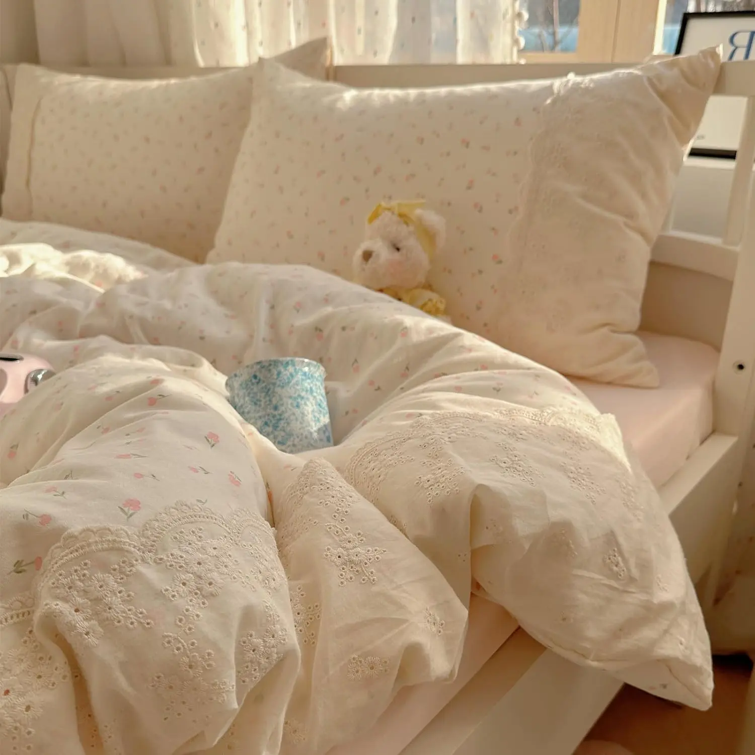 Girl's Pink Flower Comforter Set Twin,Romantic Lace Bedding Comforter Soft Lightiweght Washed Microfiber Quilt Comforter Set for College Dorm