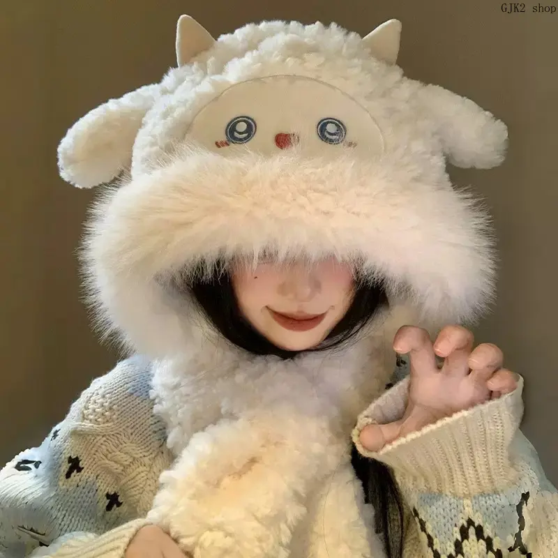 Cute Lamb Plush Hat Scarf 2‑in‑1 Winter Warm Earflap Cap, Fuzzy Fluffy Animal Hooded Neck Warmer Windproof Outdoor Cold Weather Accessory for Women Girls