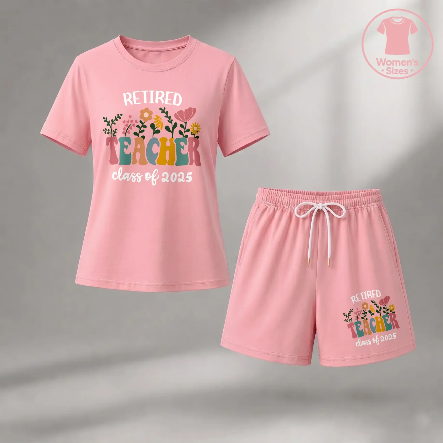 Women’s Retired Teacher Class of 2025 Floral Graphic T-Shirt & Drawstring Shorts Set, Casual Summer Two-Piece Outfit, Retirement Gift, Lounge, Travel & Everyday Wear