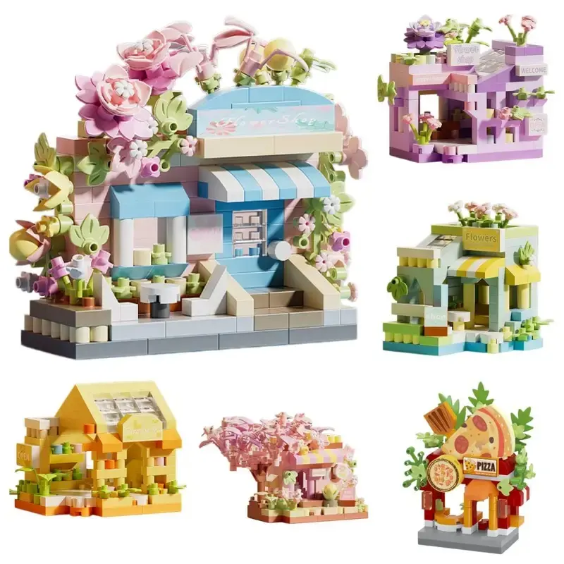 City Street View Flower Shop Food House Flower Shop Food House Building Blocks Kit Home Decor Girls Assembly Bricks Model Toy