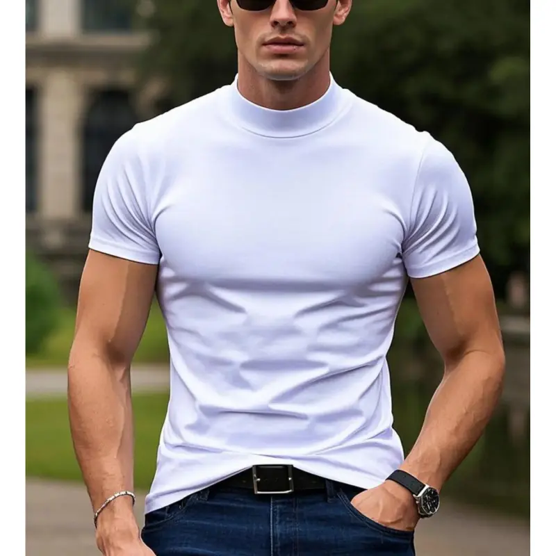 Men's Slim Fit Solid Color White Short Sleeve T-Shirt - Casual Mock Neck, Lightweight & Breathable Fabric for Spring/Summer Menswear Top Streetwear Tshirt