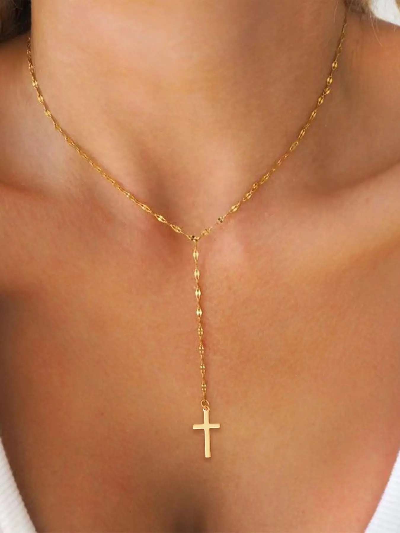 1Pcs Women Y‑Shape Cross Pendant Necklace Dainty Silver Lariat Necklace For Daily Dating Party Jewelry Gift
