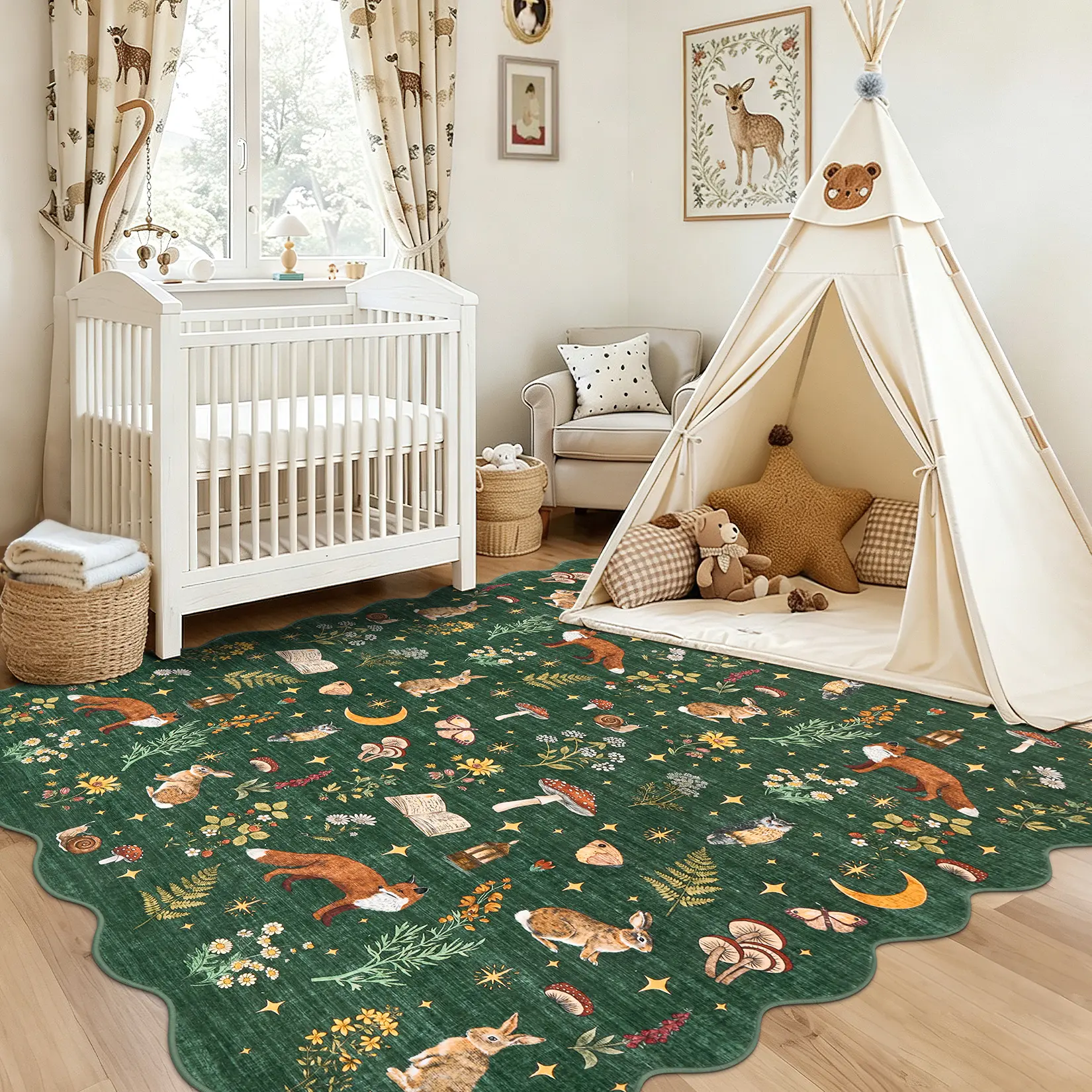 Fan-Shaped Animal & Mushroom Print Area Rug, Ultra-Thin Foldable Soft Non-Shedding Stain-Resistant Non-Slip Machine Washable Indoor Decor Rug for Living Room, Dining Room, Playroom & Kids Room bedroom mat