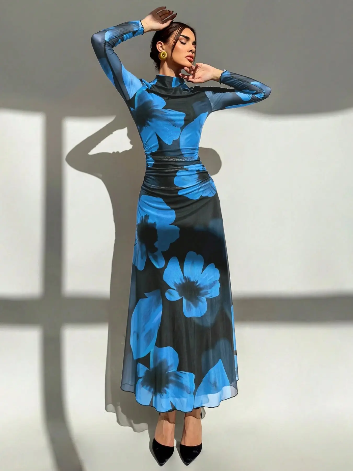 New Gradient Floral Print Mesh Party Dress, Long Sleeve Slim Fit Vacation Dress, Suitable for All Seasons, Women's Fashion, Elegant, Clothes