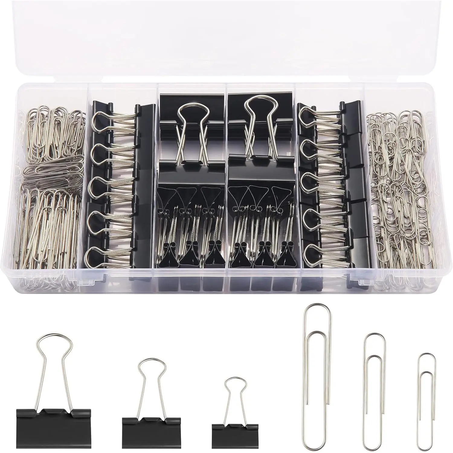 240 count Black  Size Paper Clips and Binder Clips, Paperclips Large Medium Small, Binder Clip and Paper Clip Set for , School, and Office Supplies in a Container with Compartments