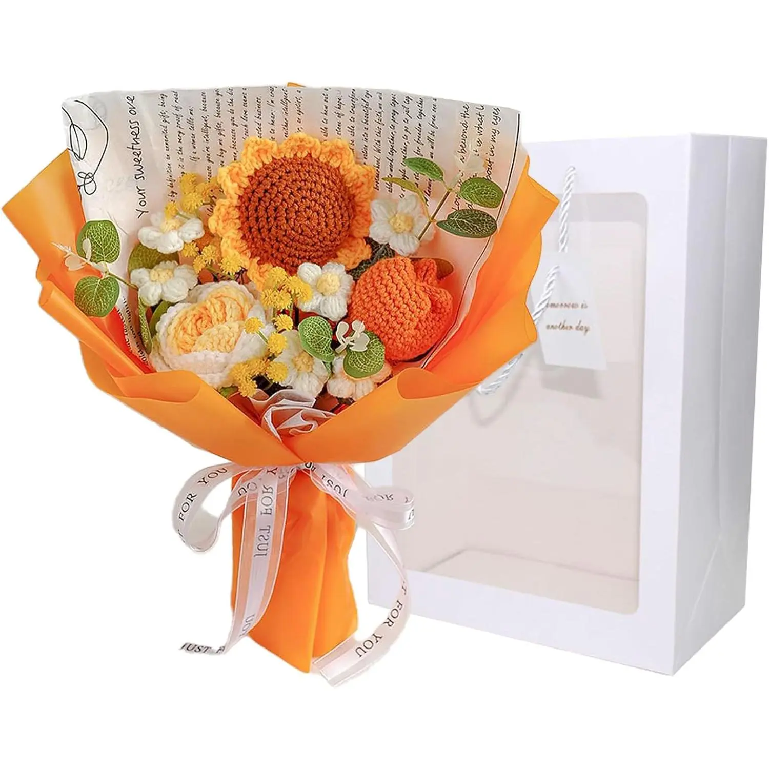Decorative Rose & Baby's Breath Yarn Flower Bouquet Single Set - Mixed Colors Decor, Perfect Mother's Day & Wedding Present (Includes Gift Bag & Card)