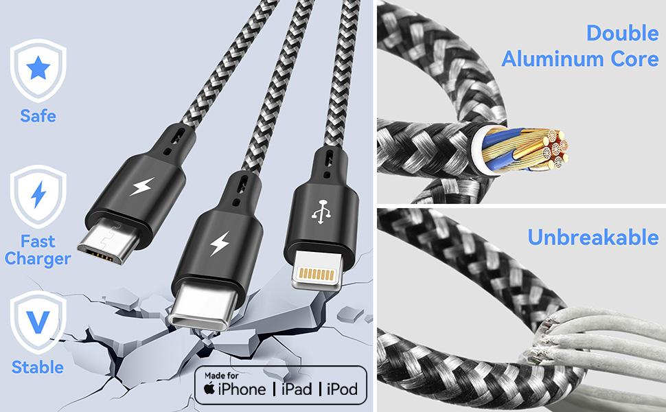 3 in 1 Multiple Charging Cable(2Pack 4Ft), Braided Multi Charger Cord USB C Charging Cable Universal USB Cable with Type C/Micro USB Port for Cell Phones, iPhone 17 16 15 14 13 Series, Tablets, More : Electronics