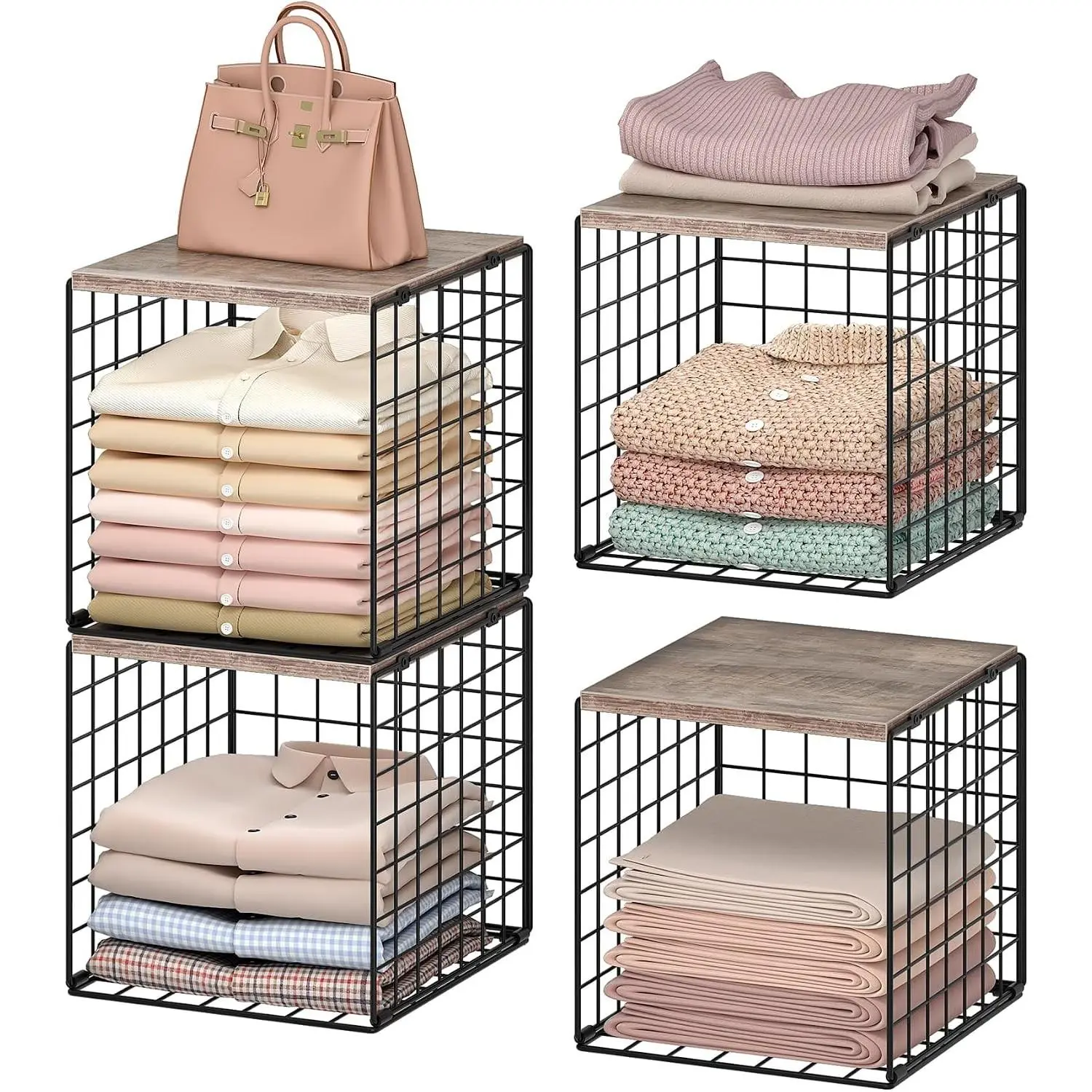4-Tier Closet Organizer with Stackable Storage Bins, Wooden Top Surface, Clothes Storage Cubes for Wardrobe Organization, Greige and Black