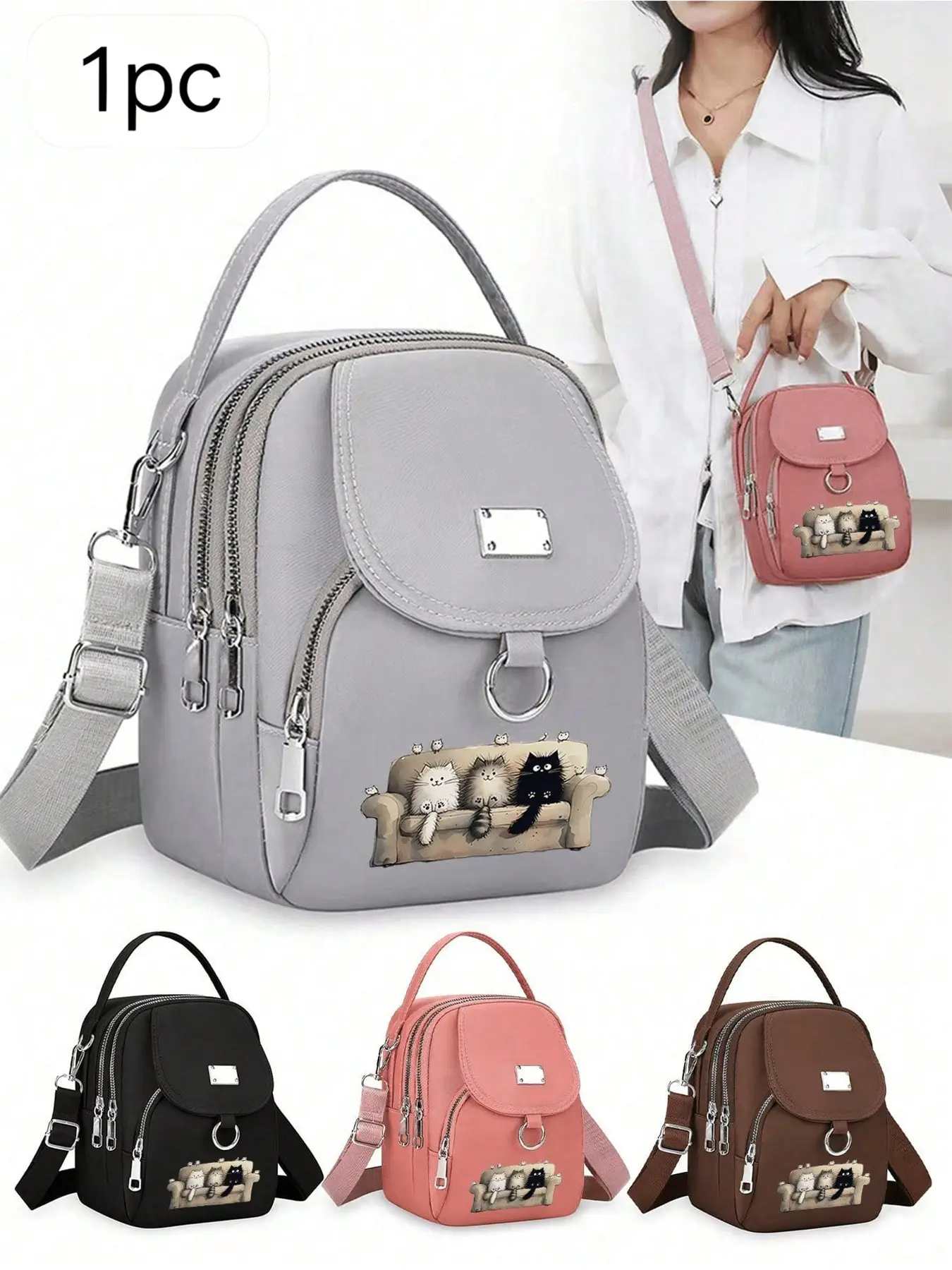 Cute Cat Print Oxford Backpack, Fashion Casual Shoulder Bag, Zipper Closure, Polyester Lining, Lightweight Durable, Large Capacity, Ideal Gift