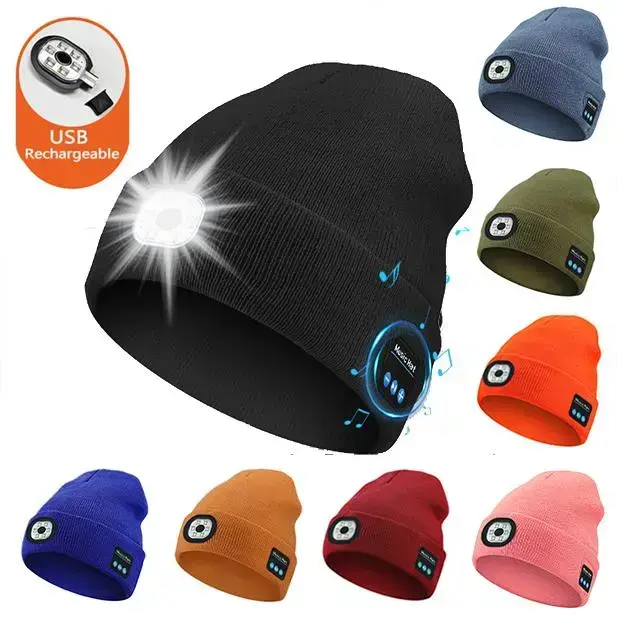 LED Light Beanie Hat for Men & Women, USB Rechargeable 6 LED Headlamp Knitted Hat, Warm Acrylic Blend Outdoor Headwear