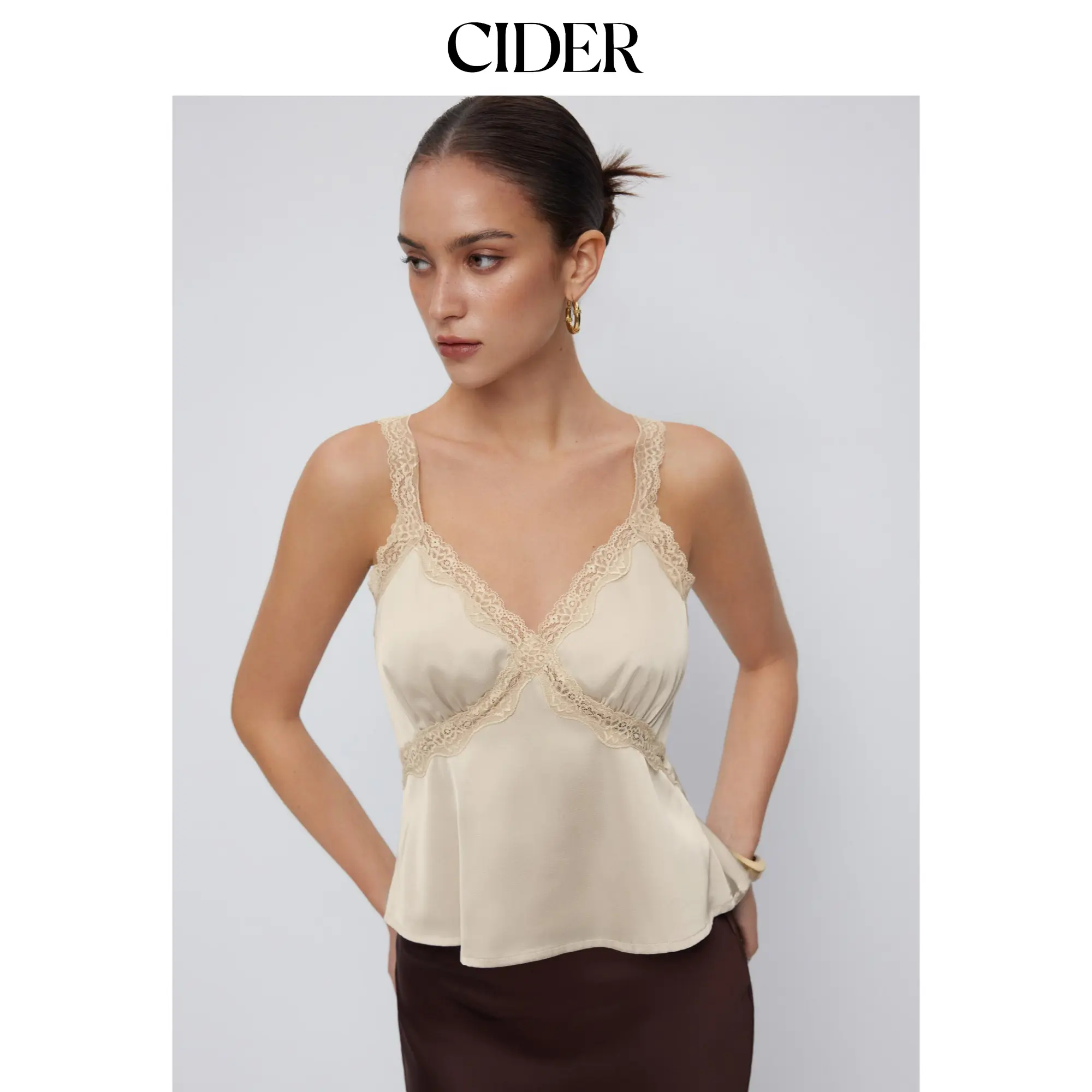 Cider Satin V-neck Lace Trim Tank Blouse