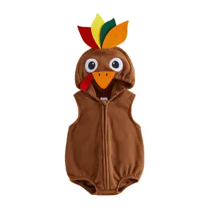Infant Baby Boy Girl Thanksgiving Turkey Costume Fleece Hooded Sleeveless Zipper Front Bubble Romper Cosplay Jumpsuit 0-18 Months