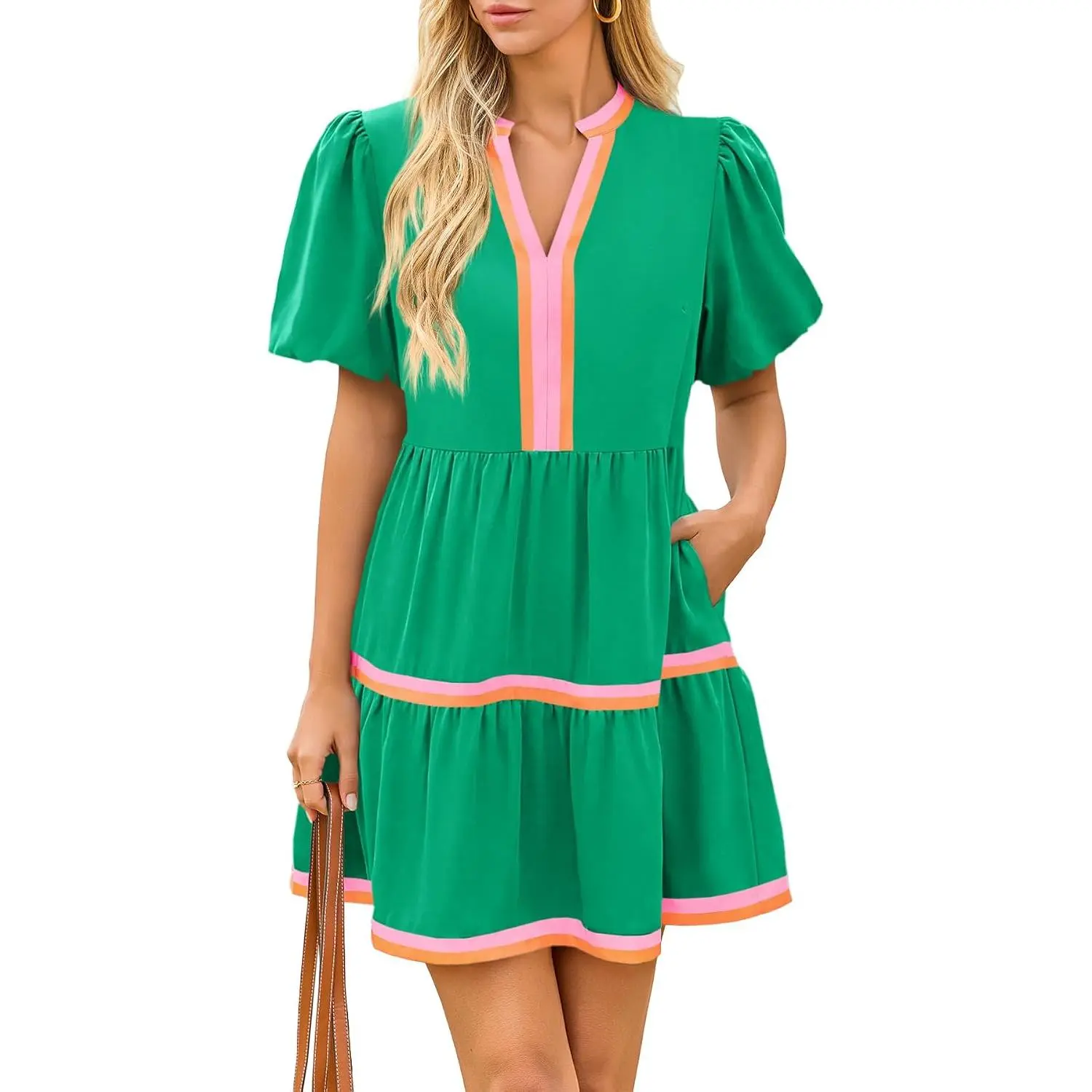 Womens V Neck Floral Mini Dress Short Puff Sleeve Patchwork Summer Casual Boho Dresses